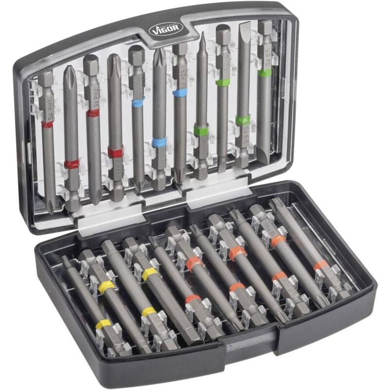 Vigor - Boîtier d'embouts-tournevis ∙ V6068 ∙ Hexagone massif 1/4 pouce (6,3 mm) ∙ Profil à fente, Profil à 6 pans intérieurs, Profil Phillips ph,