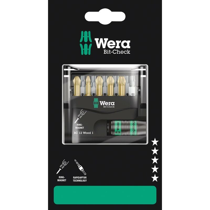 Wera - Bit-Check 12 Wood 1 sb 05136390001 Jeu d'embouts 1/4' (6.3 mm) avec porte-embout A177152