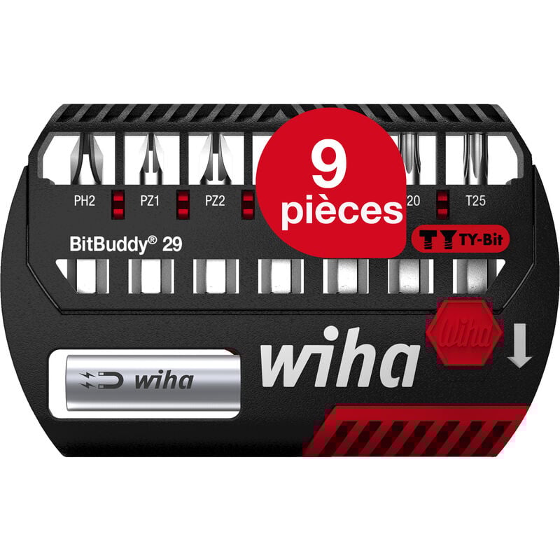 Wiha Jeu d'embouts BitBuddy I Embout TY 29 mm I PH, PZ, TORX® 8 pièces 1/4" C6,3 I Porte embout magnétique I Adapté aux visseuses à impact et à