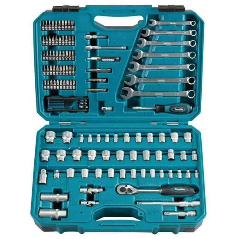 Set d'outils 3/8'' 1/4'' 120 pces ( E-06616 ) Tournevis / Clé à cliquet / Clé à vis / Embouts + Coffret - Makita