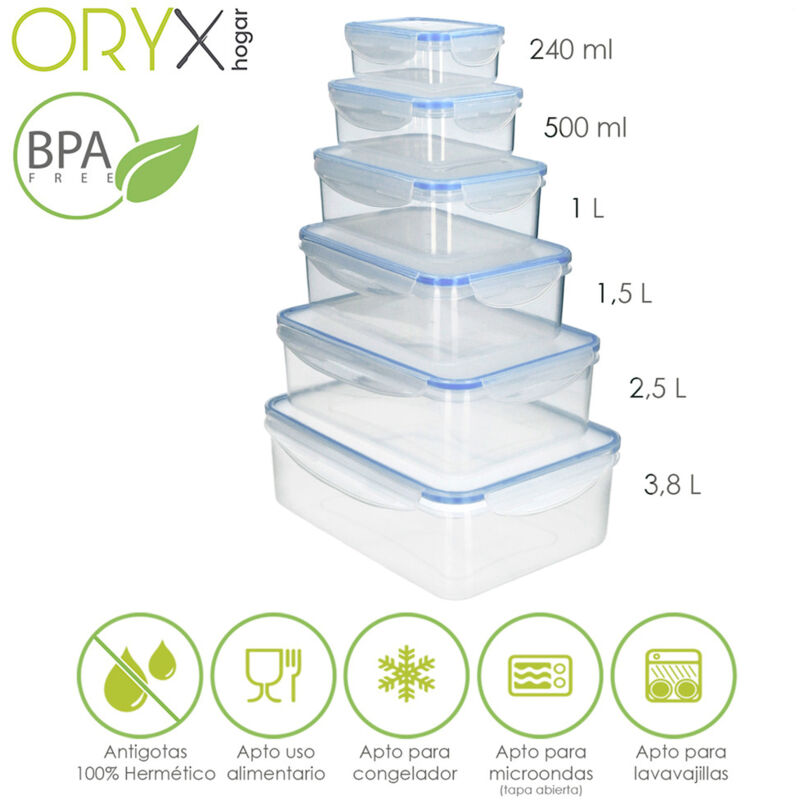 Oryx - Juego Recipientes Hermeticos Plastico Rectangulares (6 Piezas)