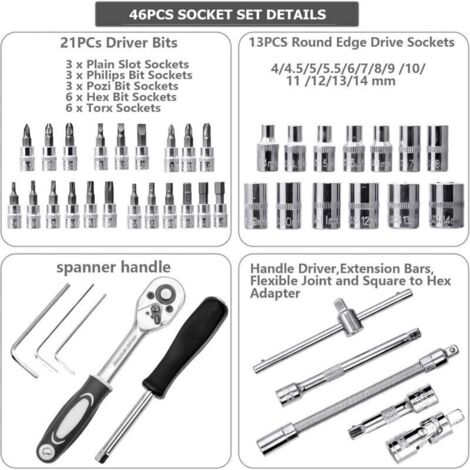 Jeux de douilles 1/4" – 46 pièces en acier chromé, kit complet pour réparation automobile et bricolage domestique