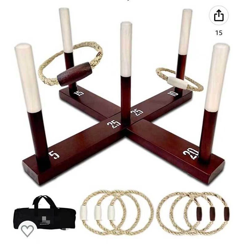 Largeight - Jeux Exterieur pour Enfant et Adulte, 5 Pièces Lancer des Anneaux en Bois + 10Pièces Anneaux de en Plastique, Deux Formes Jouant Ensemble