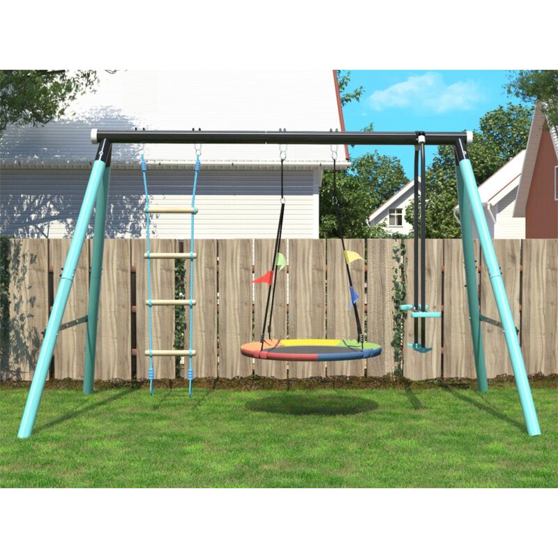 Modernluxe - Jeux plein air cadre en métal - balançoire réglable en hauteur et échelle d'escalade - convient aux enfants à partir de 3 ans - Bleu