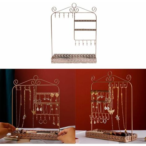 Jewelery stand for earrings, chains & rings - approx. 25x10x33cm, - Decorative metal jewelery holder 4 levels, hook & ring compartment | Jewelry storage | Earring stand | Chain holder