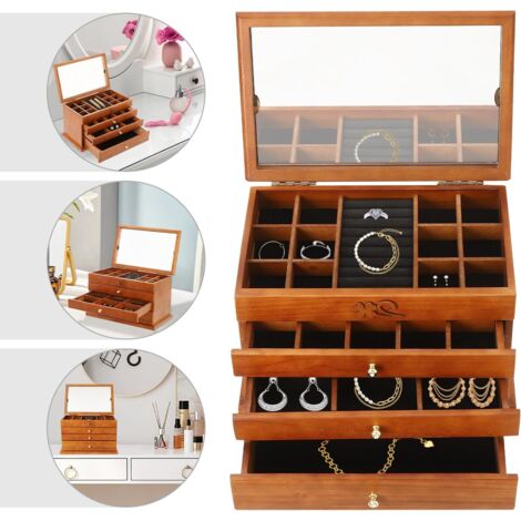 Jewellery Box Organiser 4-Layer Wooden Large Jewellery Boxe Storage Case Retro Carving Organizer with 4 Layers & Drawers Mirror, Jewellery Case Holder for Rings Earrings Necklaces Bracelets Watches