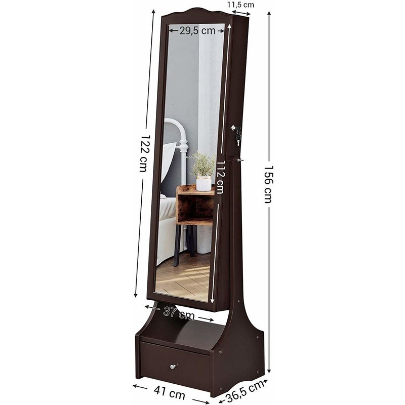 with Interior Mirror and Flip-over Makeup Shelf,Brown JBC87BR JBC87WT SONGMICS Jewellery Cabinet with LED Lights Lockable Mirrored Cabinet