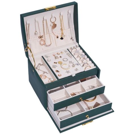 Jewelry Box for Women, Jewelry Storage Box, Travel Jewelry Box with 2 Drawer Locks for Rings, Bracelets, Earrings, Necklaces, Gifts, Velvet Interior, Best Gifts for Women (White)