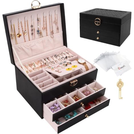 Jewelry Box, Jewelry Organizer with 2 Drawers, 3-Layer Leather Jewelry Storage Box with Lock, Jewelery Case for Necklace, Earring, Bracelet, Black