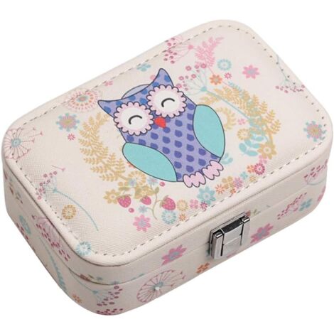 Jewelry Box Small PU Leather Travel Jewelry Box with Built-in Mirror Makeup and Accessories Rings, Earrings, Necklaces Lockable Storage Box for Women Blue Owl