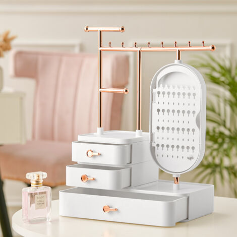 Jewelry Organizer Makeup Storage Box with Mirror Necklace Eearring Display, White