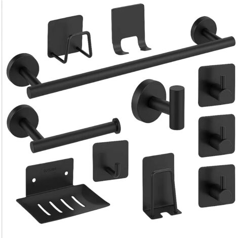 JF HOME BLISS 11-Piece Bathroom Accessory Set  Stainless Steel Towel Rack and Toilet Paper Holder with Adhesive Hooks, Towel Hooks, and Wall-Mounted Bathroom Hardware (Black)