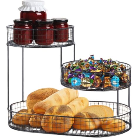 JF HOME BLISS 3-Tier Metal Fruit Basket Large Countertop Fruit & Vegetable Storage Stand for Kitchen Dining Table Space-Saving Organizer for Apples Bananas Onions Snacks Bread (Black)