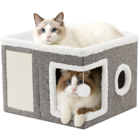 JF HOME BLISS Cat House for Indoor Pets 2 Layer Large cat cave with Scratch Board and Ball (Flax, 1)