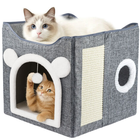JF HOME BLISS Cat House for Indoor Pets 2 Layer Large cat cave with Scratch Board and Ball (Gray, 1)