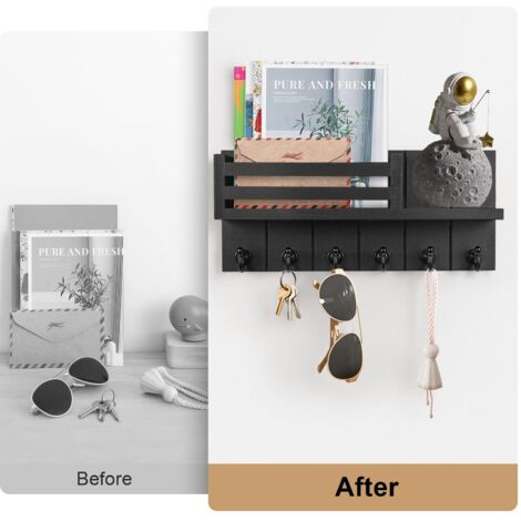 JF HOME BLISS Key Holder for Wall with 6 Hooks & Mail Shelf Rustic Wooden Key Rack Wall Mounted Entryway Organizer for Keys Mail Sunglasses for Hallway Kitchen Office Bedroom (Black)