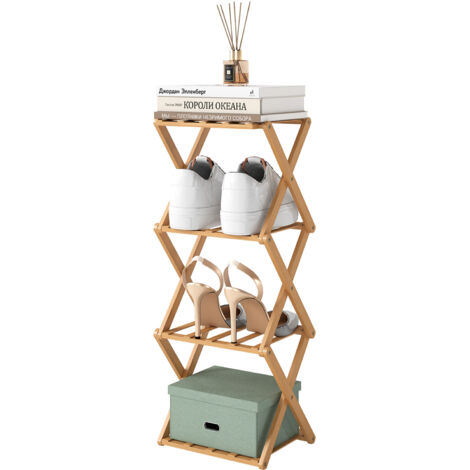 JF HOME BLISS Shoe Rack Foldable Bamboo Freestanding Shoe Organiser for Small Spaces Tall Stand No Assembly Slim Narrow Storage Shelf for Hallway Bedroom Entryway Corner (Wood Color, 4 Tier - Narrow)