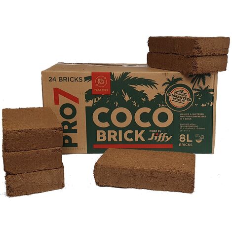 Coco Coir substrate. Pure coconut fibre for horticulture, hydroponics, vivariums, reptile or pet bedding. Peat-free. Compressed for easy transport and storage. Jiffy PRO7 COCO BRICK 8L - Box of 24