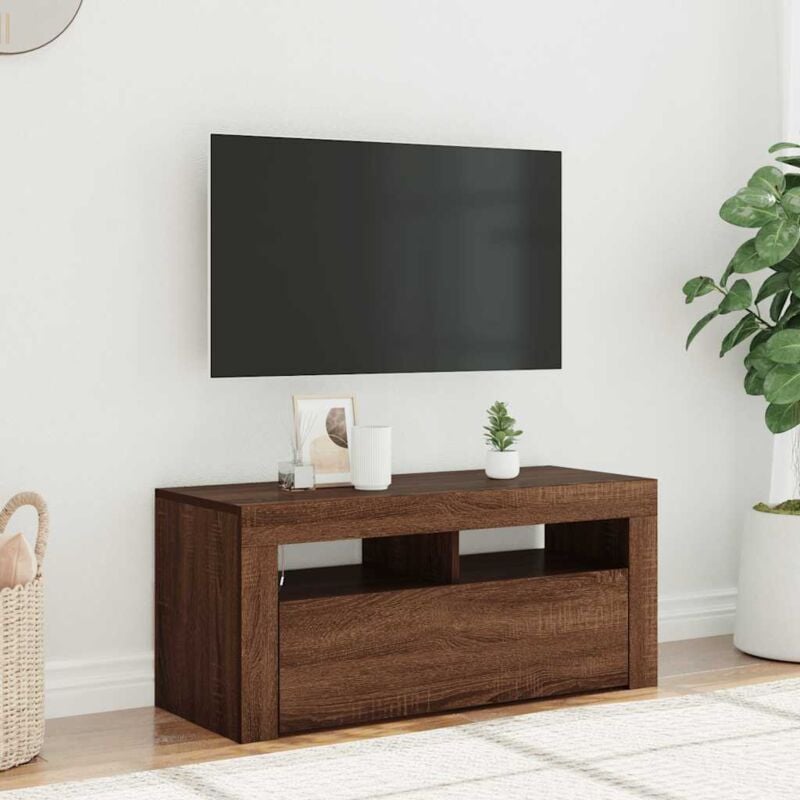 Jinlefu - Meuble tv avec lumières led Chêne marron 90x35x40 cm