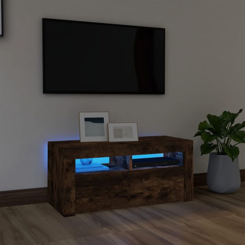 Jinlefu - Meuble tv avec lumières led Chêne fumé 90x35x40 cm vidaXL