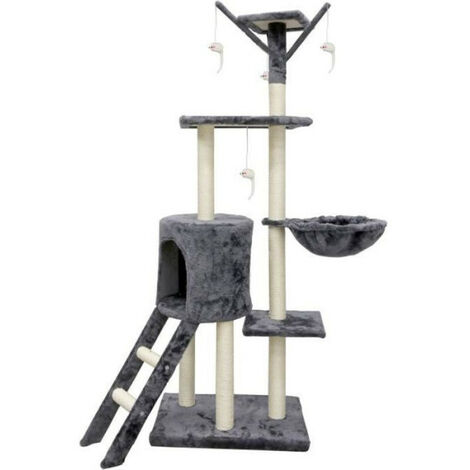 JIPSY Arbre a chat gris 79 x 34 x 138 cm - 3 plateformes, 1 perchoir, 1 niche, 1 escalier, poteaux a griffer