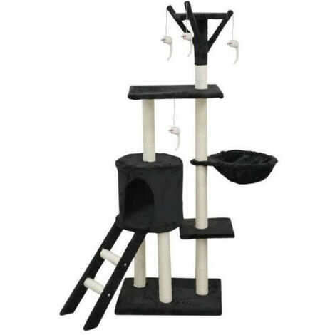 JIPSY Arbre a chat noir 79 x 34 x 138 cm - 3 plateformes, 1 perchoir, 1 niche, 1 escalier, poteaux a griffer