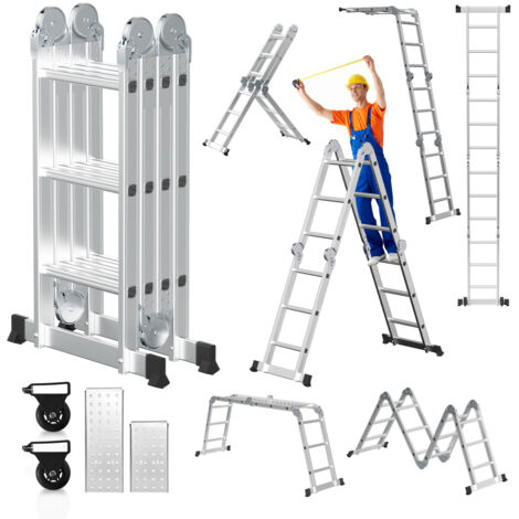 Jiubiaz 7 in 1 Echelle pliante articulée 4x3 marches, echafaudage multifonction, ecarteur de mur, escabeau, 2 plaques plateforme de travail