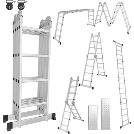 Jiubiaz 7 in 1 Echelle pliante articulée 4x4 marches, echafaudage multifonction, ecarteur de mur, escabeau, 2 plaques plateforme de travail
