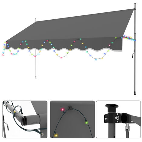 Jiubiaz Auvent manuale con guirlande luminose, manovella, senza perforazioni necessarie, resistente al sole e all'acqua, altezza regolabile, grigio 400cm