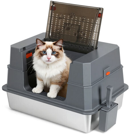 Jiubiaz Bac a litiere chat XXL en acier inoxydable avec couvercle 70x50x43 cm bords hauts pour grands chats