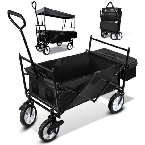 Jiubiaz Bollerwagen Faltbar mit Dach Handwagen Transportwagen, Strandwagen, klappbar, Vollgummi-Reifen, bis 80 kg, mit Bremsen + Tragetasche - Gartenwagen