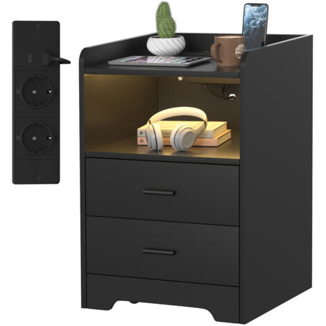 Jiubiaz Comodino, con LED multicolore regolabile, 2 cassetti, connettività Bluetooth, nero