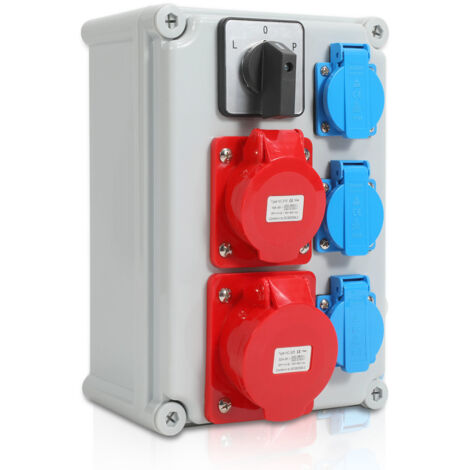 Jiubiaz Distributore di corrente a parete con interruttore a camme L-0-P e MCB, distributore di corrente da cantiere con messa a terra  con 3 prese CEE 16/32A