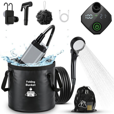 Jiubiaz Ducha de camping, ducha portátil de 6000 mAh con cubo plegable de 20L y alcachofa, ducha exterior para jardín, camping, mascotas y playa