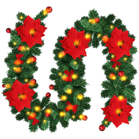 Jiubiaz Ghirlanda natalizia Decorazione natalizia per parete, camino, scala 2,7 m decorata con 50 LED con ornamenti rossi