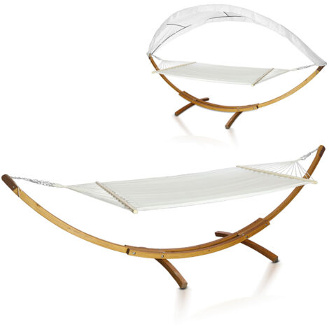 Jiubiaz Hamaca de jardín con estructura de madera maciza – Hamaca doble suspendida con toldo – 415 × 150 × 210 cm – Tumbona hasta 200 kg