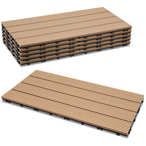 Jiubiaz Juego de 12 baldosas de tarima de WPC, 4 listones, 2 m², 30 x 60 cm, teca, baldosas de madera compuesta con clip