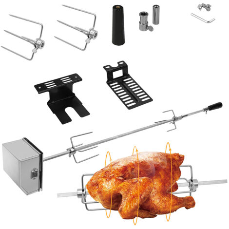 Jiubiaz Kit asador giratorio eléctrico 107 cm para barbacoa de gas, carbón o ahumador, acero inoxidable, 2 tenedores, rotación 2 rpm