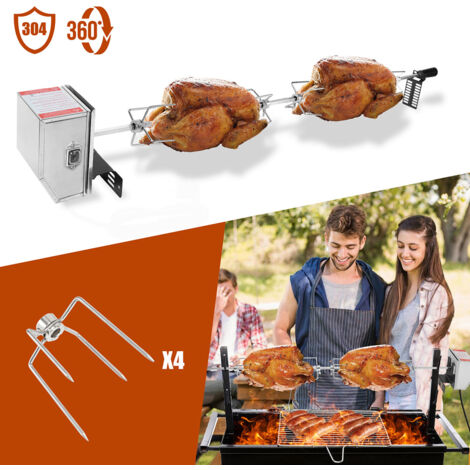 Jiubiaz Kit girarrosto elettrico 117 cm per barbecue e affumicatore, acciaio inox, 4 forchette, rotazione 2 giri/min