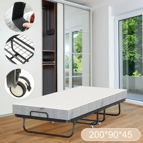 Jiubiaz Lit Pliant avec Matelas de 10 cm, Cadre de Lit en Métal Robuste en Forme de U, 4 Roues Universelles, Rangement Facile, pour Bureau et Pièce de Rechange