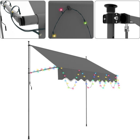 Jiubiaz Markise Klemmmarkise mit Handkurbel Sonnenschutz und UV-Schutz und wasserfestund höhenverstellbar Gelenkarm mit LED 300cm