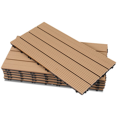 Jiubiaz Paquete de 30 baldosas de tarima exterior de WPC, 4 láminas, 5 m², 30 x 60 cm, teca, baldosas de madera compuesta con clip