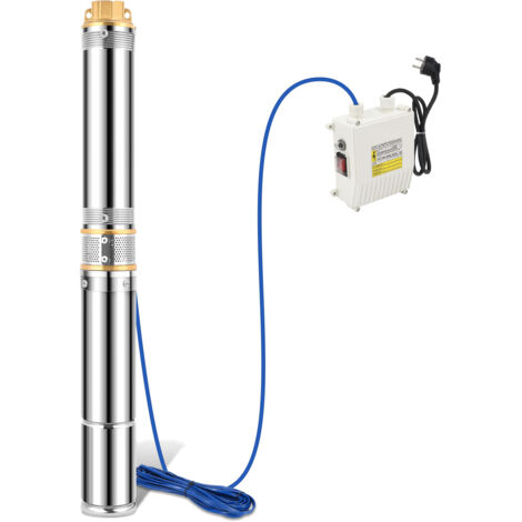 Jiubiaz Pompa sommergibile per pozzi profondi, 1100W, 4.000l/h Pompa per pozzi, prevalenza massima 81m, acciaio inossidabile, con scatola di comando