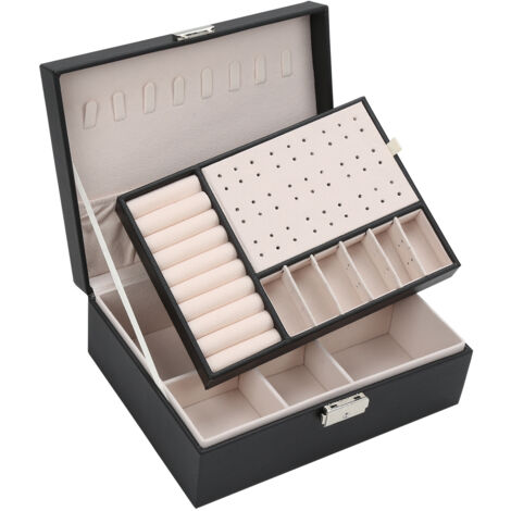 Jiubiaz Scatola per gioielli Scatola per accessori 2 livelli Organizzatore per Anelli Bracciali Orecchini Orologi 23x17x9cm Nero Classico