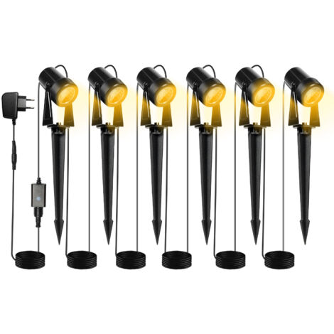 Jiubiaz Set di 6 proiettori da giardino a LED con picchetto, faretti da giardino con presa impermeabile IP65 bianco caldo