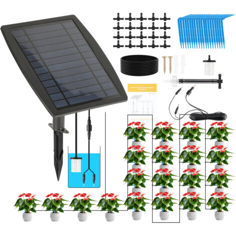 Jiubiaz Système d’irrigation solaire automatique des plantes, kit d’arrosage goutte à goutte sans robinet, alimentation par réservoir pour jusqu’à 20 plantes