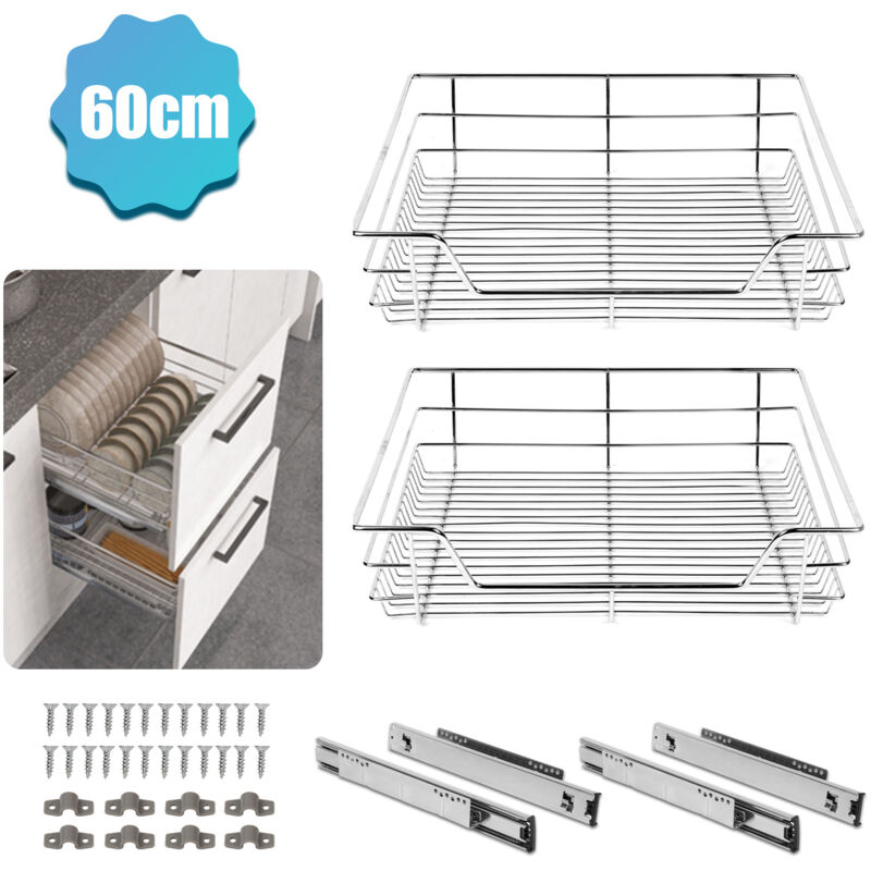 Jiubiaz 2X Tiroir de Cuisine Télescopique d’Armoire de Cuisine Tiroir télescopique Tiroir suspendu Tiroir Argent 60CM