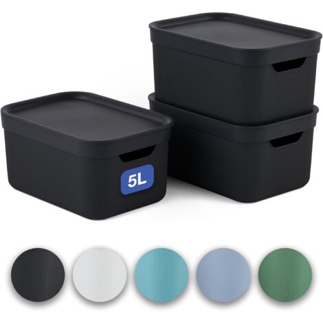 Jive Dekobox - Set da 3 scatole decorative portaoggetti da 5 l con coperchio, plastica (PP riciclato), nero, 3x5 l (26.5 x 18.5 x 13.5 cm)