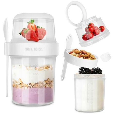 Joghurtbecher – 310 ml + 560 ml – 2-in-1-Müslibecher, Gabel – Weiß