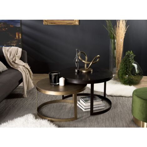 JOHAN - Set de 2 tables gigognes ceinturées rondes aluminium noir doré